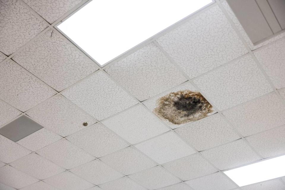Water damage on the ceiling in the cafeteria at Harding University High School. “Everything is just an eyesore,” said senior Jada Brown.