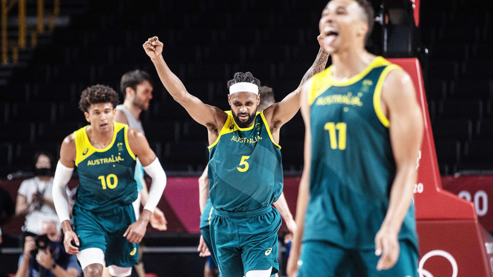 Patty Mills, pictured here celebrating after Australia's win over Slovenia in the bronze medal match. 