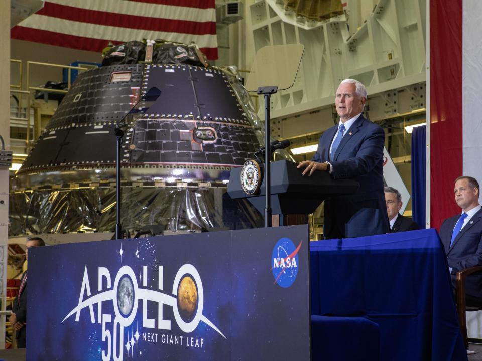 A space capsule designed to carry US astronauts back to the moon in five years’ time is ready, vice-president Mike Pence has revealed on the 50th anniversary of the historic Apollo 11 landing.NASA’s new Artemis lunar operation is aimed at returning humans to Earth's satellite, following in the footsteps of Neil Armstrong and Buzz Aldrin in 1969 – but this time to set up camp, rather than just pay a flying visit.The new mission, scheduled for 2024, is itself designed as a springboard for a subsequent crewed spaceship to be sent to Mars for the first time.NASA said in a statement that Artemis 1 would launch its Orion spacecraft and Space Launch System (SLS) rocket around the moon in an initial test phase, after which a crew containing at least one female astronaut would touch down on the surface to establish a lunar base.“Thanks to the hard work of the men and women of NASA, and of American industry, the Orion crew vehicle for the Artemis 1 mission is complete and ready to begin preparations for its historic first flight,” Vice-President Pence told the agency’s Kennedy Space Center in Florida.NASA administrator Jim Bridenstine, standing alongside Mr Pence with Aldrin and Armstrong’s son Rick, said: “Similar to the 1960s, we too have an opportunity to take a giant leap forward for all of humanity.“NASA is calling this the Artemis program in honour of Apollo’s twin sister in Greek mythology, the goddess of the moon. And we are well on our way to getting this done.”A module manufactured by Airbus in Bremen, Germany, that will power Orion during the mission, is in the process of being attached ready for a September flight to test its spaceworthiness.Mr Pence announced in March that NASA should return astronauts to the moon by 2024, halving the agency’s previous deadline to get there by 2028, and requested an extra $1.6bn funding from Congress.However, President Donald Trump on Friday indicated he was not interested in a mission going back to the moon.Mr Trump instead repeated his interest in a NASA mission that would take astronauts directly to Mars, a vastly more challenging and costly endeavour.“To get to Mars, you have to land on the moon, they say. Any way of going directly without landing on the moon? Is that a possibility?” the president asked Mr Bridenstine during an event in the Oval Office.Mr Bridenstine responded: ”Well, we need to use the moon as a proving ground, because when we go to Mars, we’re going to have to be there for a long period of time, so we need to learn how to live and work on another world.”The Artemis program’s objective is to conduct a series of manned and unmanned missions to the moon, using its surface as a proving ground for technologies that could lay the groundwork for the longer and more complex missions to Mars as soon as 2033, Mr Bridenstine has said.Agencies contributed to this report