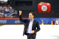 <p>Former New York Mets catcher and baseball Hall of Famer Mike Piazza waves to fans after having his number retired at a pre-game ceremony before the baseball game against the Colorado Rockies at Citi Field in New York, Saturday, July 30, 2016. (Gordon Donovan) </p>