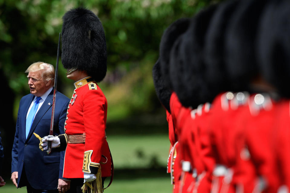 US president Donald Trump inspects the Guard of Honour during a Ceremonial Welcome at Buckingham Palace, London on Monday (Picture: PA)