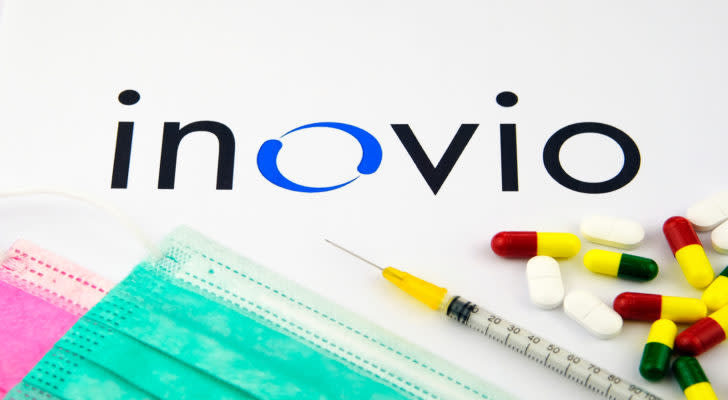 the inovio (INO) logo covered up by pills and a syringe