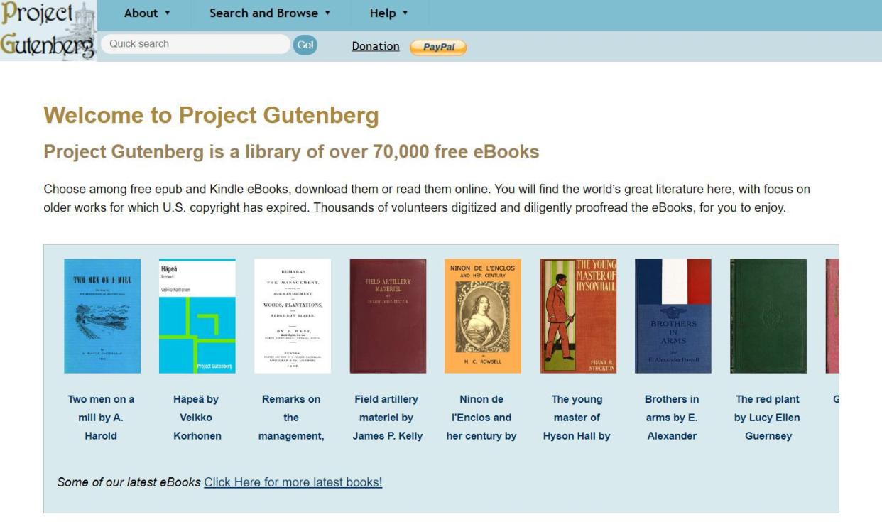 Screenshot of project gutenberg site