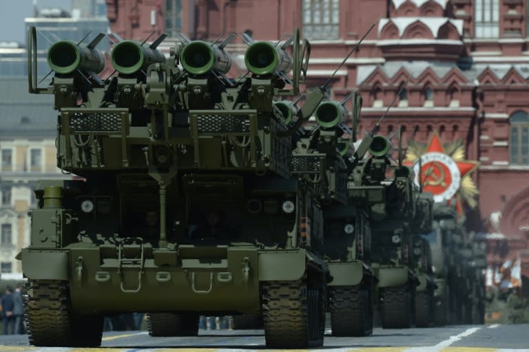 Russian Buk-M2 surface-to-air missile systems in the Victory Day parade at Red Square in Moscow on May 9, 2015