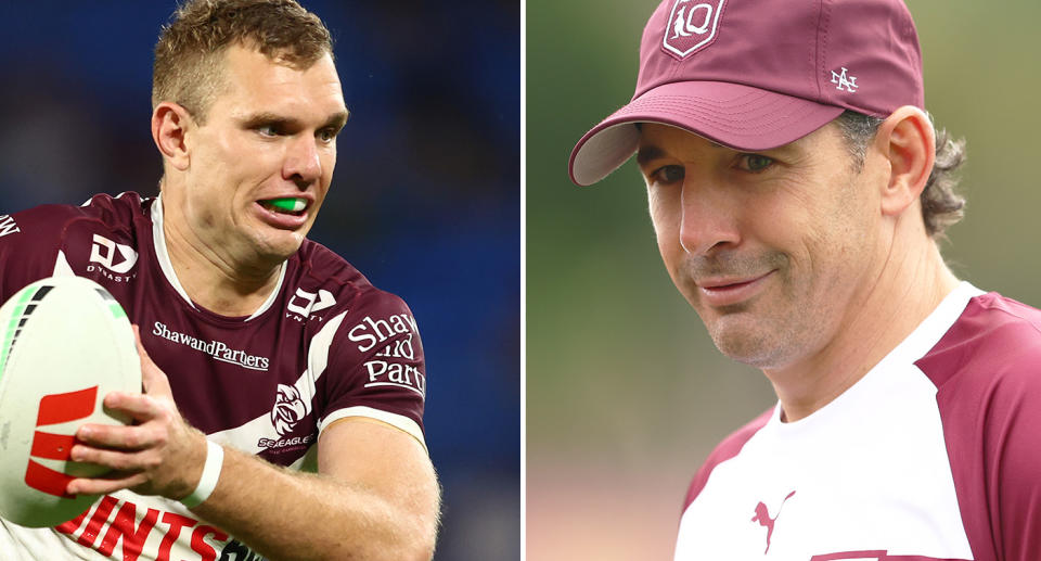 Pictured right to left, Maroons coach Billy Slater and Manly star Tom Trbojevic.