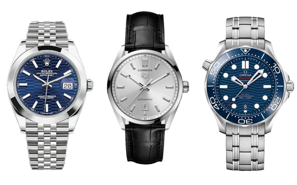 From left to right: Oyster Perpetual Datejust, Tag Heuer Carrera, Omega Seamaster Diver Chronograph 