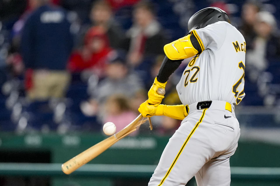 Pittsburgh Pirates designated hitter Andrew McCutchen breaks his bat on a foul ball during the sixth inning of a baseball game against the Pittsburgh Pirates at Nationals Park, Wednesday, April 3, 2024, in Washington. The Nationals won 5-3. (AP Photo/Alex Brandon)