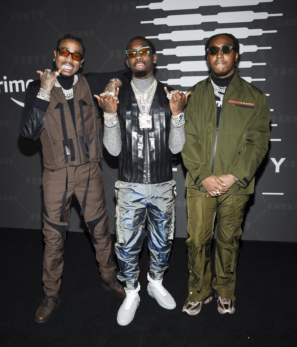 Quavo, Offset, and Takeoff of Migos attend the Spring/Summer 2020 Savage X Fenty show, presented by Amazon Prime, at the Barclays Center on Tuesday, Sept, 10, 2019, in New York. (Photo by Evan Agostini/Invision/AP)