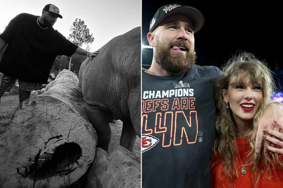 <p>Ross Travis/Instagram; Patrick Smith/Getty</p> Ross Travis at Sydney Zoo (left); Travis Kelce and Taylor Swift (right)