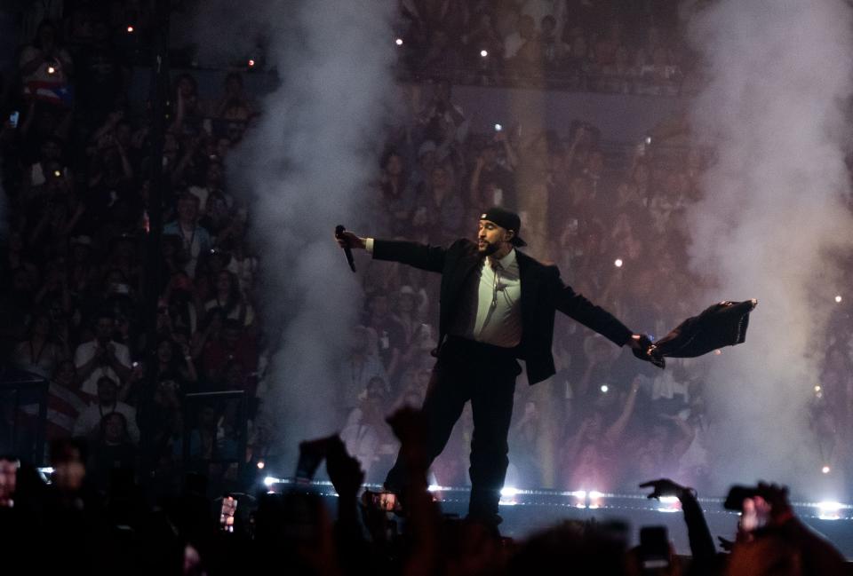 Bad Bunny performs on stage for his “Most Wanted Tour” at Bridgestone Arena in Nashville, Tenn., Saturday, May 11, 2024.