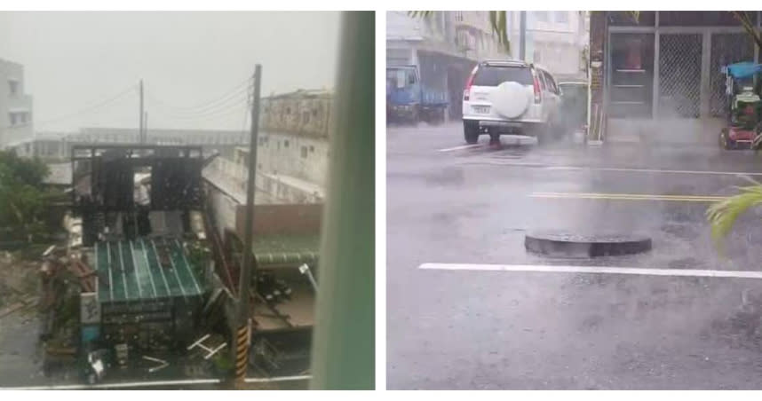 颱風海葵來襲，綠島一家民宿2樓木造建築被吹飛，花蓮縣吉安鄉馬路人孔蓋不斷跳動。（圖／翻攝畫面）