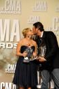 NASHVILLE, TN - NOVEMBER 01: Miranda Lambert and Blake Shelton pose with awards at the 46th annual CMA Awards at the Bridgestone Arena on November 1, 2012 in Nashville, Tennessee. (Photo by Erika Goldring/Getty Images)