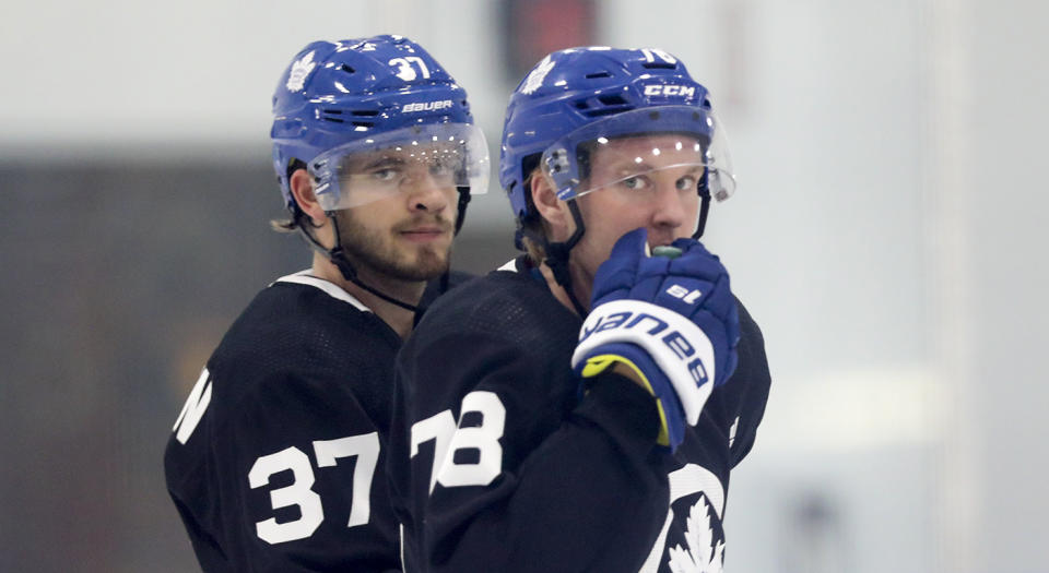 Liljegren (37) and Sandin are both pushing for a spot on the Leafs' opening-day blue line. (Toronto Star/Toronto Star via Getty Images)