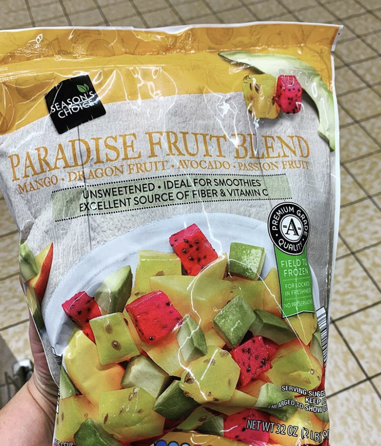 <p>Don't sleep on Aldi's frozen aisle! The grocery store has tons of frozen fruit blends you can choose from for the best smoothies at home, and this paradise blend includes mango, dragon fruit, avocado and passion fruit.</p>