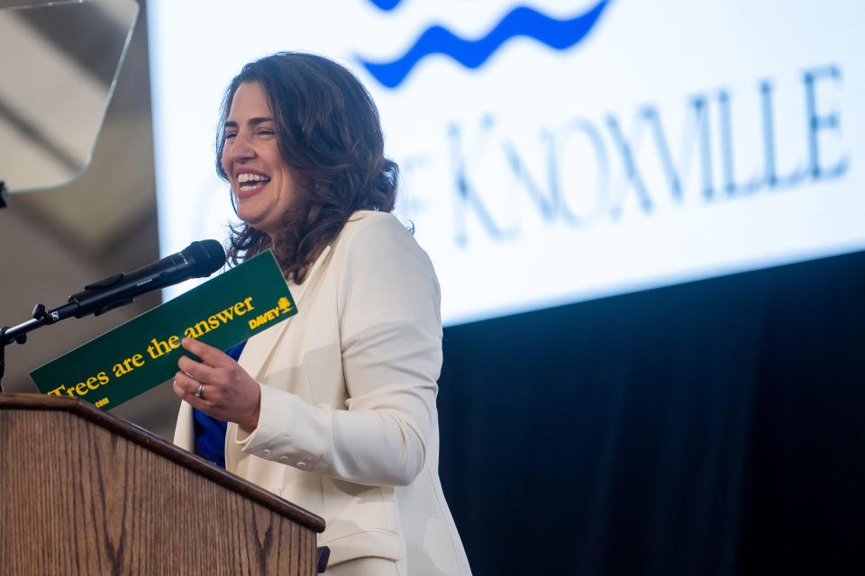 Knoxville Mayor Indya Kincannon delivers her State of the City address April 26 at the Tennessee Amphitheater at World's Fair Park. She is proposing the city replace the amphitheater's roof, which has gotten stained over 40 years of use.