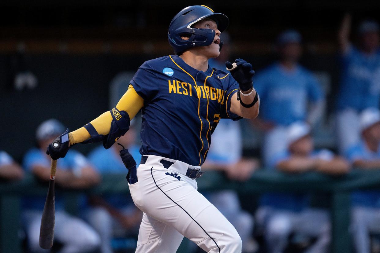 West Virginia's JJ Wetherholt (27) bats against North Carolina in a Super Regional June 8 in Chapel Hill, NC.