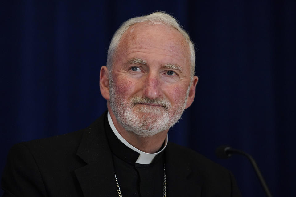 FILE - Bishop David O'Connell, of the Archdiocese of Los Angeles, attends a news conference at the Fall General Assembly meeting of the United States Conference of Catholic Bishops, on Nov. 17, 2021, in Baltimore. O'Connell was found dead in Hacienda Heights, Calif., on Saturday, Feb. 18, 2023, of a gunshot wound, according to the Los Angeles Times. (AP Photo/Julio Cortez, File)