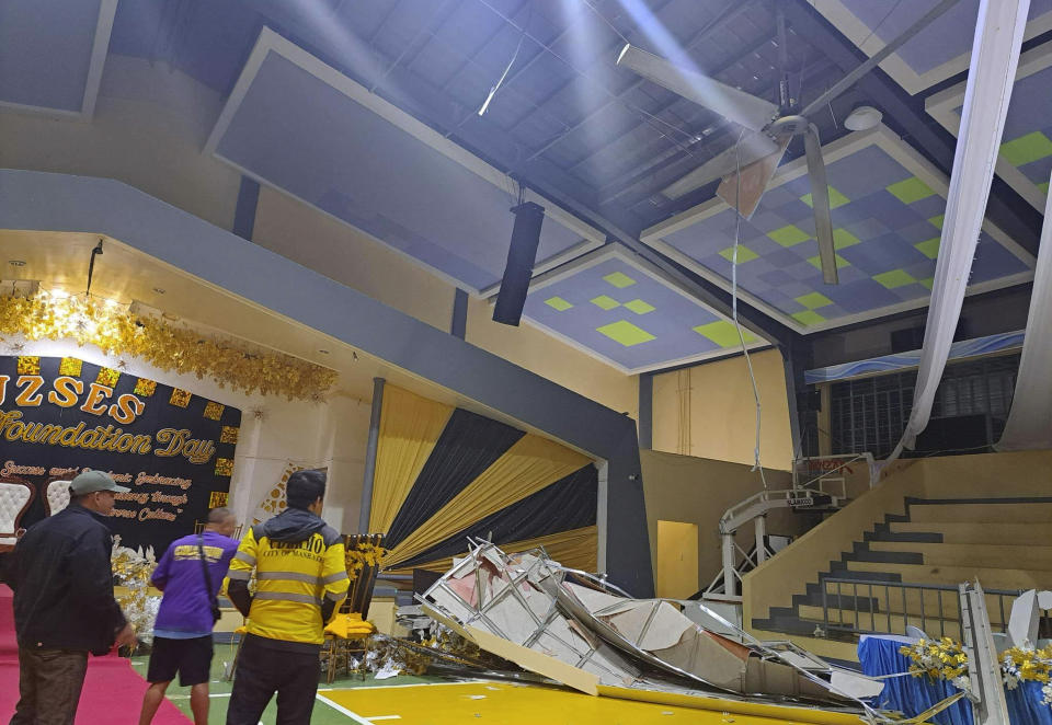 This photo provided by the City Disaster Risk Reduction and Management Office Masbate, shows damages at the Magallanes coliseum in Masbate province, central Philippines after an earthquake struck early Thursday Feb. 16, 2023. (City Disaster Risk Reduction and Management Office Masbate via AP)