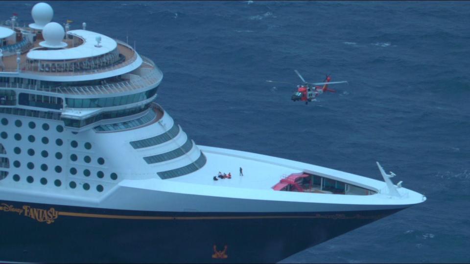 A Coast Guard MH-60T Jayhawk helicopter aircrew from Air Station Borinquen worked with the Disney Fantasy cruise ship crew during the medevac a pregnant woman passenger with health complications, April 15, 2024, approximately 180 miles northwest Puerto Rico. The medevac patient was a 35-year-old, U.S. citizen, who was transported to the ‘Centro Medico’ Hospital in San Juan, Puerto Rico to receive higher level of medical care.