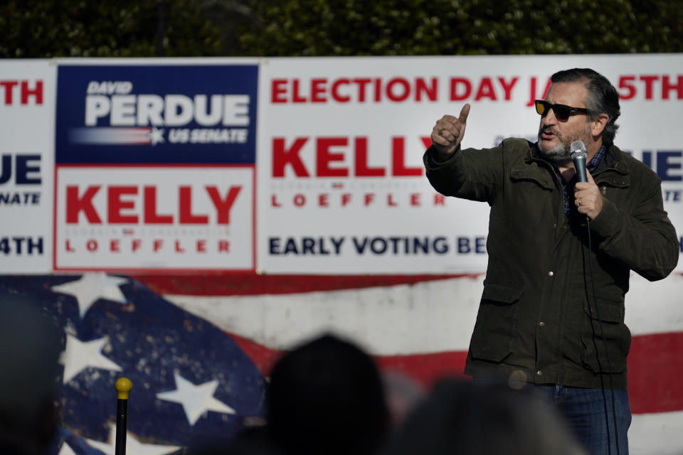 Sen. Ted Cruz, R-Texas, speaks at a campaign rally for Sen. Kelly Loeffler, R-Ga., on Saturday, Jan. 2, 2021, in Cumming, Ga. (AP Photo/Brynn Anderson)