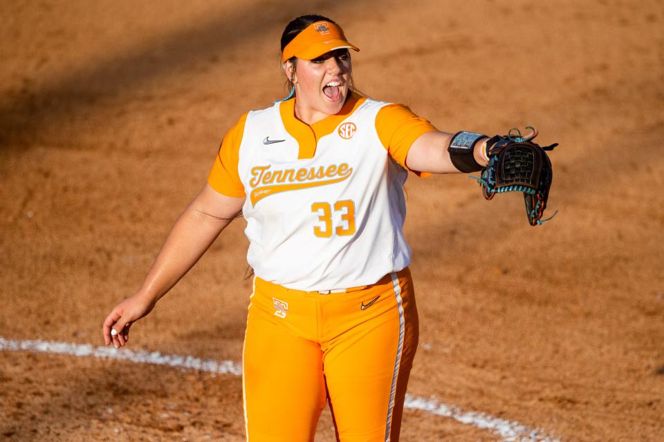 Tennessee's Payton Gottshall (33) celebrates a strike out during a NCAA Regional softball game between Tennessee and Northern Kentucky at Sherri Parker Lee Stadium in Knoxville, Tenn., on Friday, May 19, 2023. 