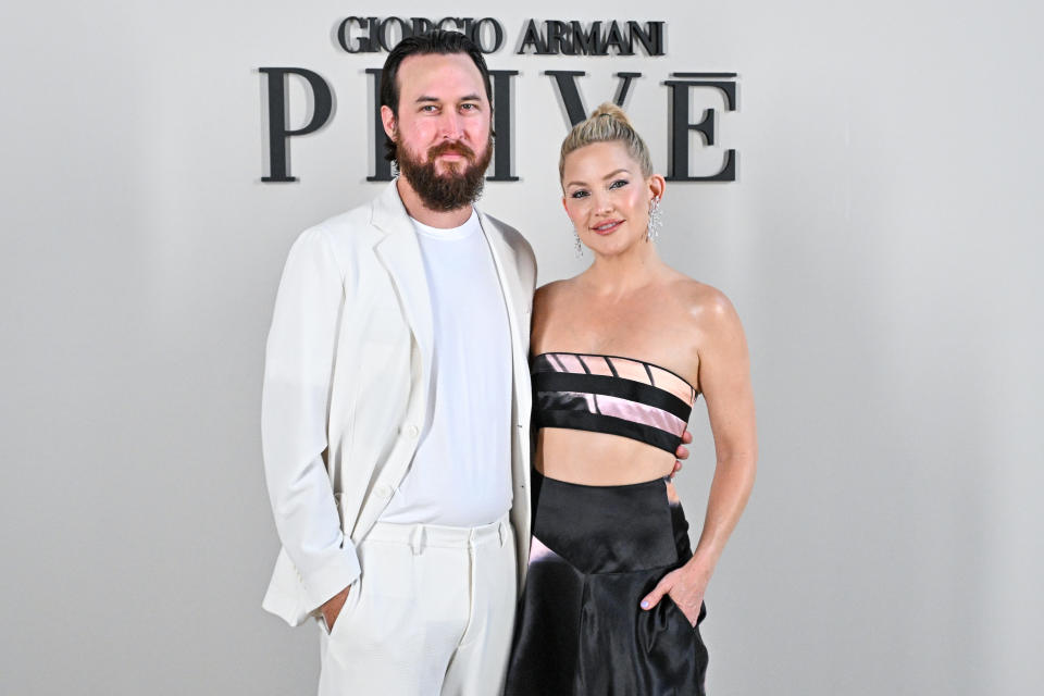 PARIS, FRANCE - JULY 04: (EDITORIAL USE ONLY - For Non-Editorial use please seek approval from Fashion House) Danny Fujikawa and Kate Hudson attends the Giorgio Armani Privé Haute Couture Fall/Winter 2023/2024 show as part of Paris Fashion Week  on July 04, 2023 in Paris, France. (Photo by Stephane Cardinale - Corbis/Corbis via Getty Images)