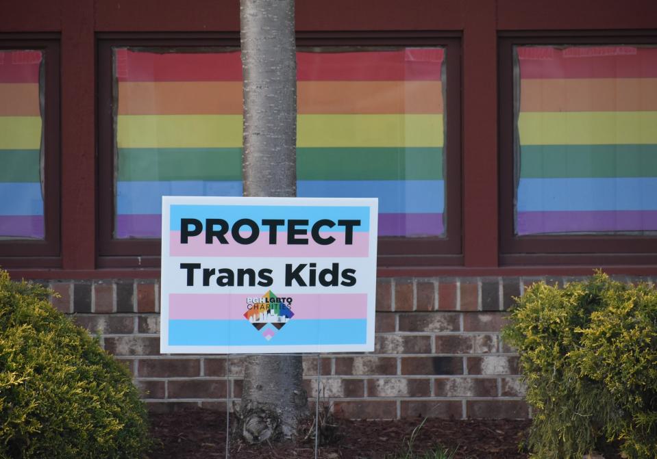 A "Protect Trans Kids" sign outside of Central Outreach Wellness Center in Aliquippa.