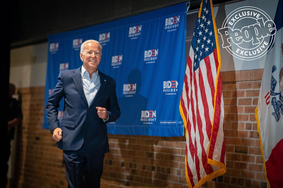 Biden jogs to stage at the Veterans Memorial Building in Cedar Rapids for his first event on the first day of campaigning in Iowa, on April 30, 2019.