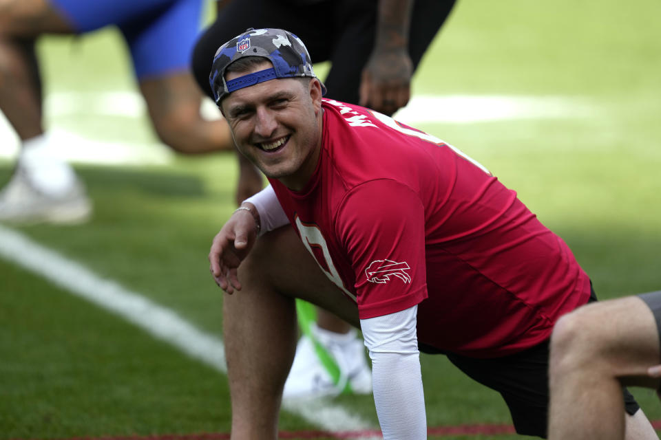 Buffalo Bills punter Sam Martin (8) warms up during a practice session in Watford, Hertfordshire, England, north-west of London, Friday, Oct. 6, 2023. The Buffalo Bills will take on the Jacksonville Jaguars in a regular season game at Tottenham Hotspur Stadium on Sunday. (AP Photo/Steve Luciano)