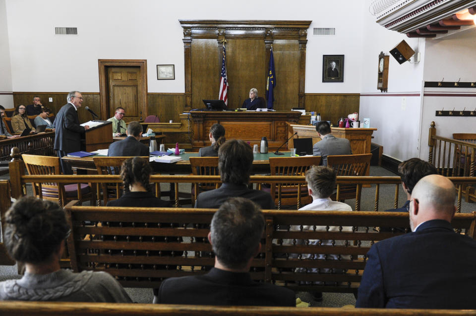 A status hearing for Held vs. Montana is held before Judge Kathy Seeley in the Lewis and Clark County Courthouse in Helena, Mont., on Friday, May 12, 2023. Seeley said a climate change lawsuit from young people challenging the state’s pro-fossil fuel policies will proceed to trial despite efforts by officials to derail the case. (Thom Bridge/Independent Record via AP)