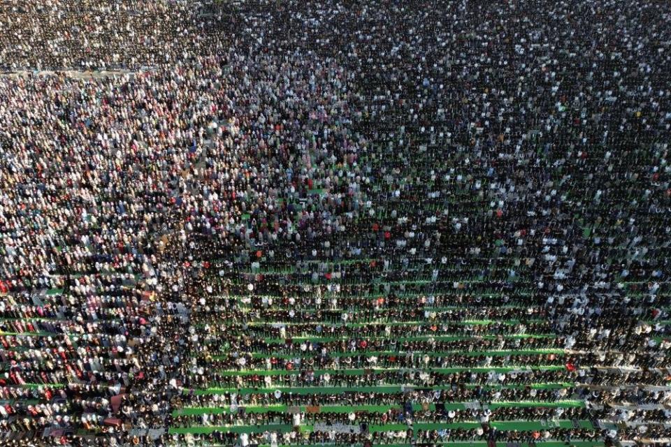 A drone view of Albanian Muslims attending Eid al-Fitr prayers