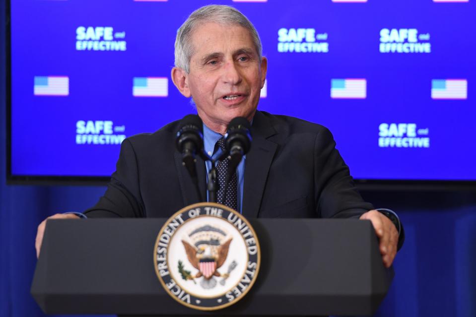 Director of the National Institute of Allergy and Infectious Diseases Anthony Fauci speaks after US Vice President Mike Pence received the COVID-19 vaccine in the Eisenhower Executive Office Building in Washington, DC, December 18, 2020. (Saul Loeb/AFP via Getty Images)