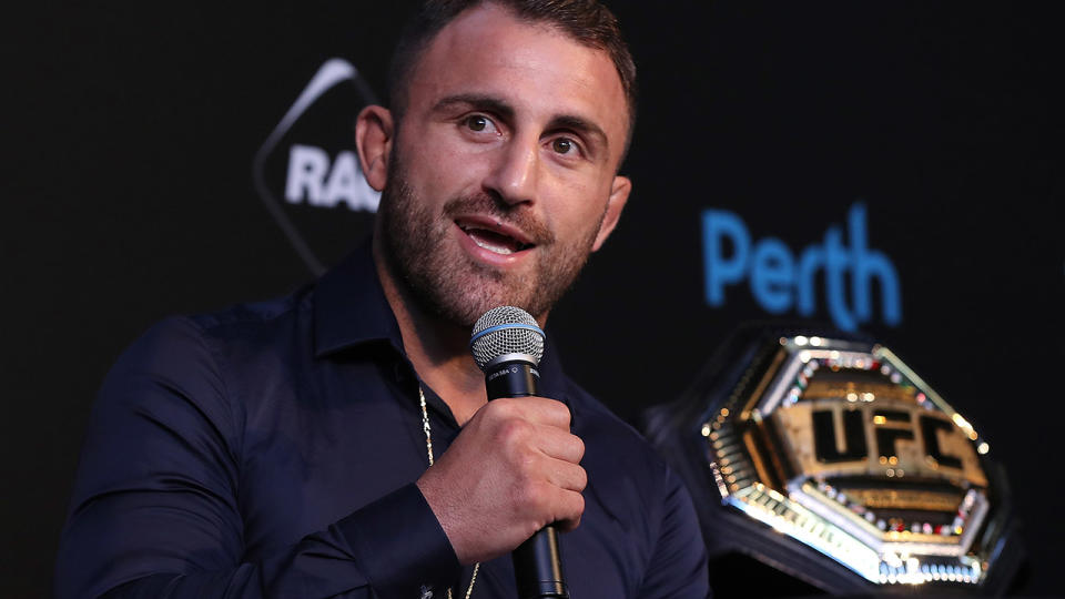 Alex Volkanovski, pictured here addressing the media during a UFC press conference in Perth.