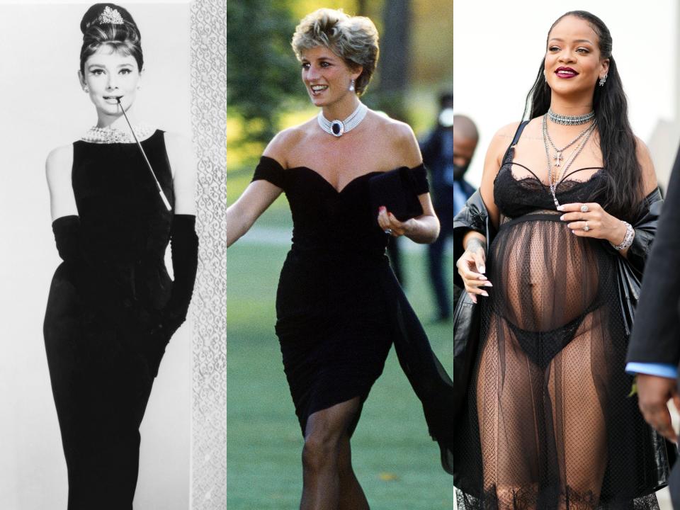 Audrey Hepburn, Princess Diana, and Rihanna in black dresses