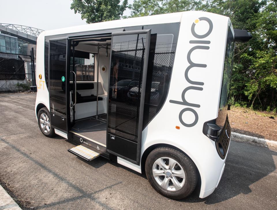 The Ohmio Lift autonomous vehicle, which the Port Authority of New York & New Jersey demonstrated at John F. Kennedy International Airport June 8, 2023. The Port Authority demonstrated three vehicles, which could be used to ferry airport passengers from parking lots to the AirTrain or around the airport campus. 