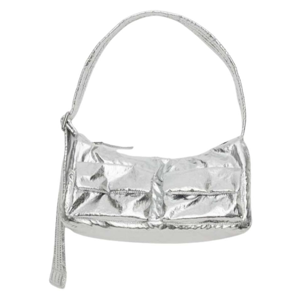 silver handbag with buckle clasp