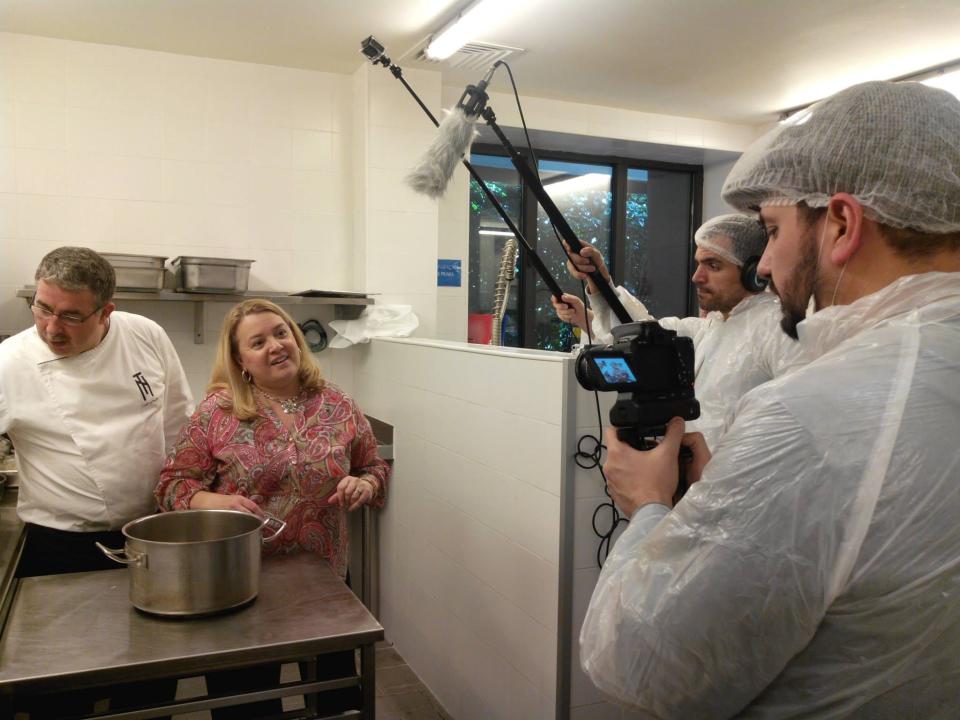 Maria Lawton cooking and filming in Sao Miguel at Terra Nostra Hotel Kitchen.