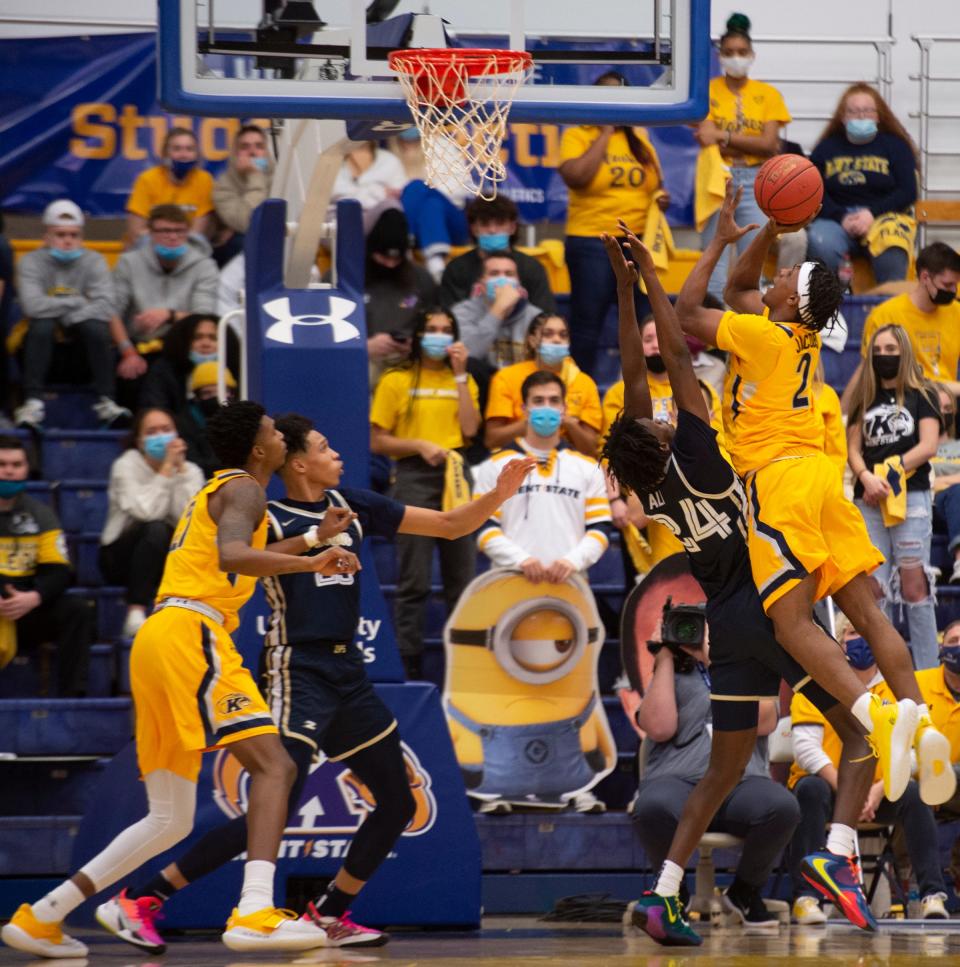 Kent State with a 67-55 victory over University of Akron. Malique Jacobs takes a shot.