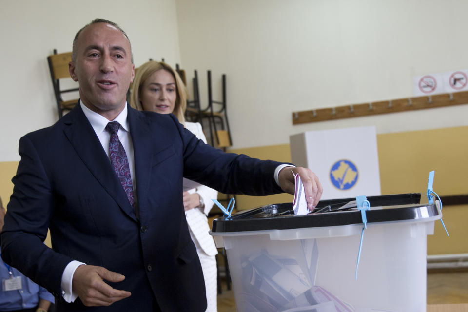 FILE - In this Sunday, June 11, 2017 file photo, Ramush Haradinaj, candidate for Prime Minister, casts his ballot during the early parliamentary elections Pristina, Kosovo. Kosovo’s prime minister has resigned from the post after he has been invited to be questioned from a European Union-funded court investigating crimes against ethnic Serbs during and after the 1998-99 independence war with Serbia. Haradinaj said on Friday, July 19, 2019 he had informed the Cabinet of his resignation and urged the country’s president to set a date for an early parliamentary election. (AP Photo/Visar Kryeziu, file)