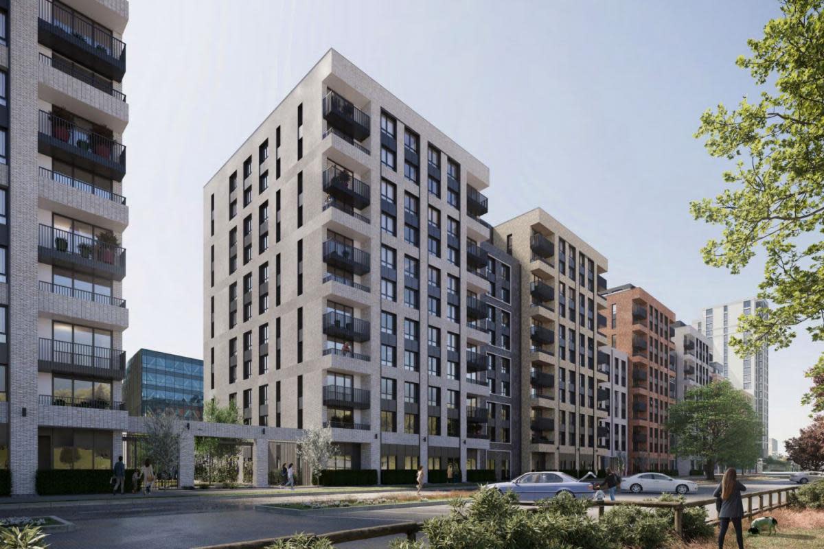 A CGI daytime view of the huge project to replace Napier Court with 576 apartments near Reading town centre. <i>(Image: Peveril Securities and Sladen Estates)</i>