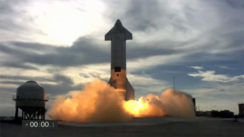 Starship prototype No. 10 blasts off from SpaceX's Boca Chica, Texas, flight facility for a short up-and-down test flight to an altitude of about six miles to test the rocket's propulsion, steering and landing systems. / Credit: SpaceX webcast