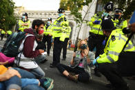 LONDON, ENGLAND - SEPTEMBER 01: Protestors block the road as Extinction Rebellion demonstrate in Westminster on September 1, 2020 in London, England. The environmental activist group organised several events across the UK timed for the return of government officials from the summer holiday. (Photo by Peter Summers/Getty Images)