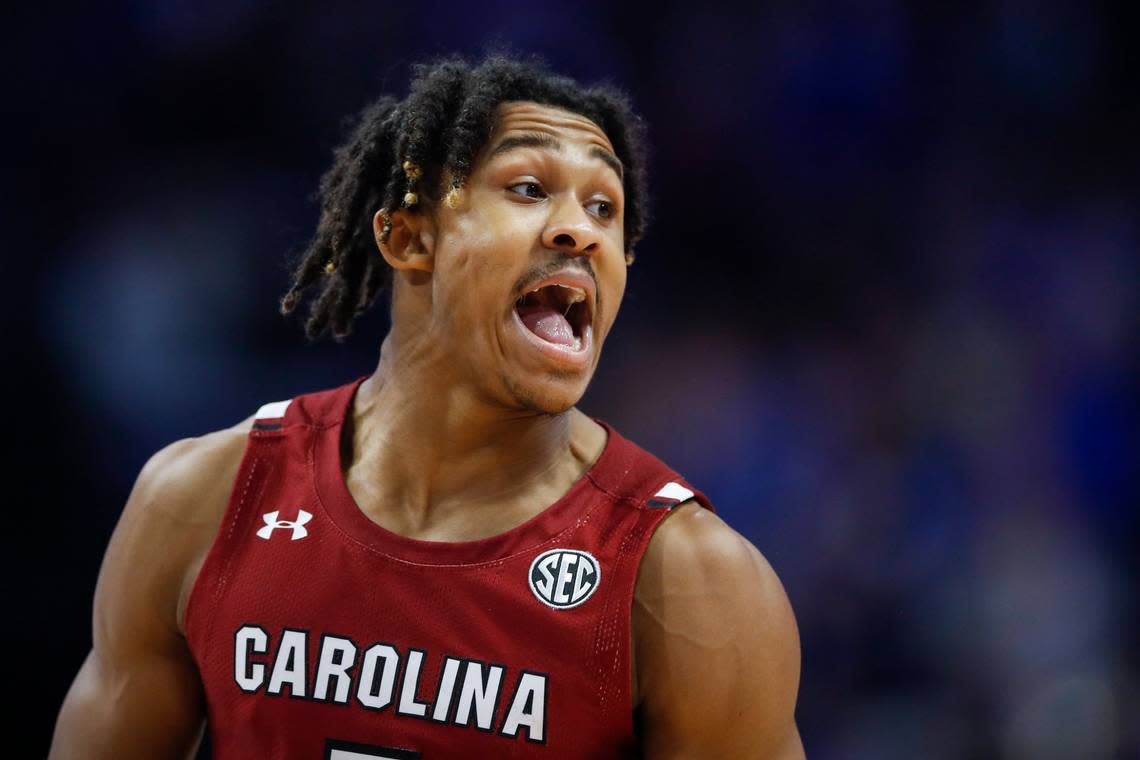 South Carolina Gamecocks guard Meechie Johnson (5) celebrates scoring against the Kentucky Wildcats during the game at Rupp Arena in Lexington, Ky., Tuesday, January 10, 2023.