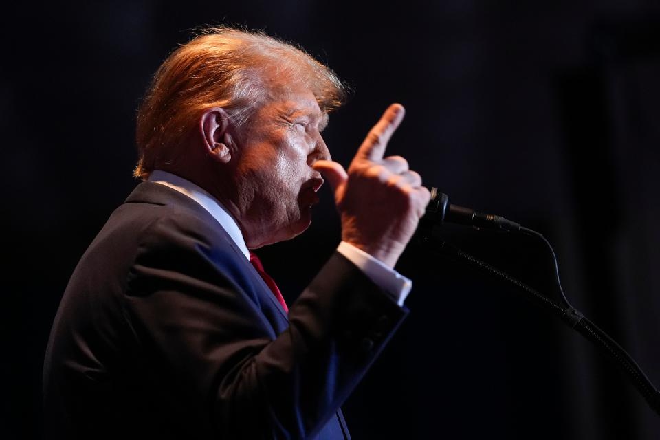 Republican presidential candidate former President Donald Trump speaks at a primary election night party at the South Carolina State Fairgrounds in Columbia, S.C., Saturday, Feb. 24, 2024. (AP Photo/Andrew Harnik)