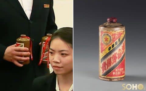The bottle of luxury Kweichow Moutai at the Kim-Xi dinner, left, and an earlier version of the 2003 'vintage' opened for the North Korean leader's visit - Credit: KCNA