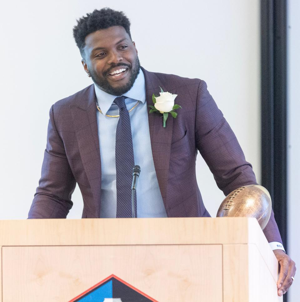 Marlington's Dymonte Thomas delivers his induction speech at the Stark County High School Football Hall of Fame Ceremony at the Pro Football Hall of Fame.