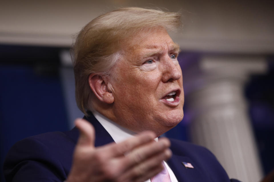 President Donald Trump speaks during a coronavirus task force briefing at the White House, Saturday, April 4, 2020, in Washington. (AP Photo/Patrick Semansky)