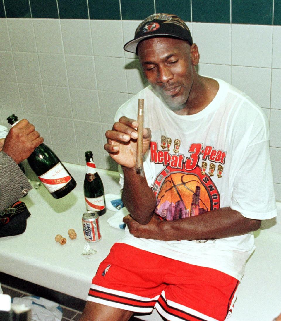 Michael Jordan after a game six win of the NBA Finals in Salt Lake City, June 14, 1998.