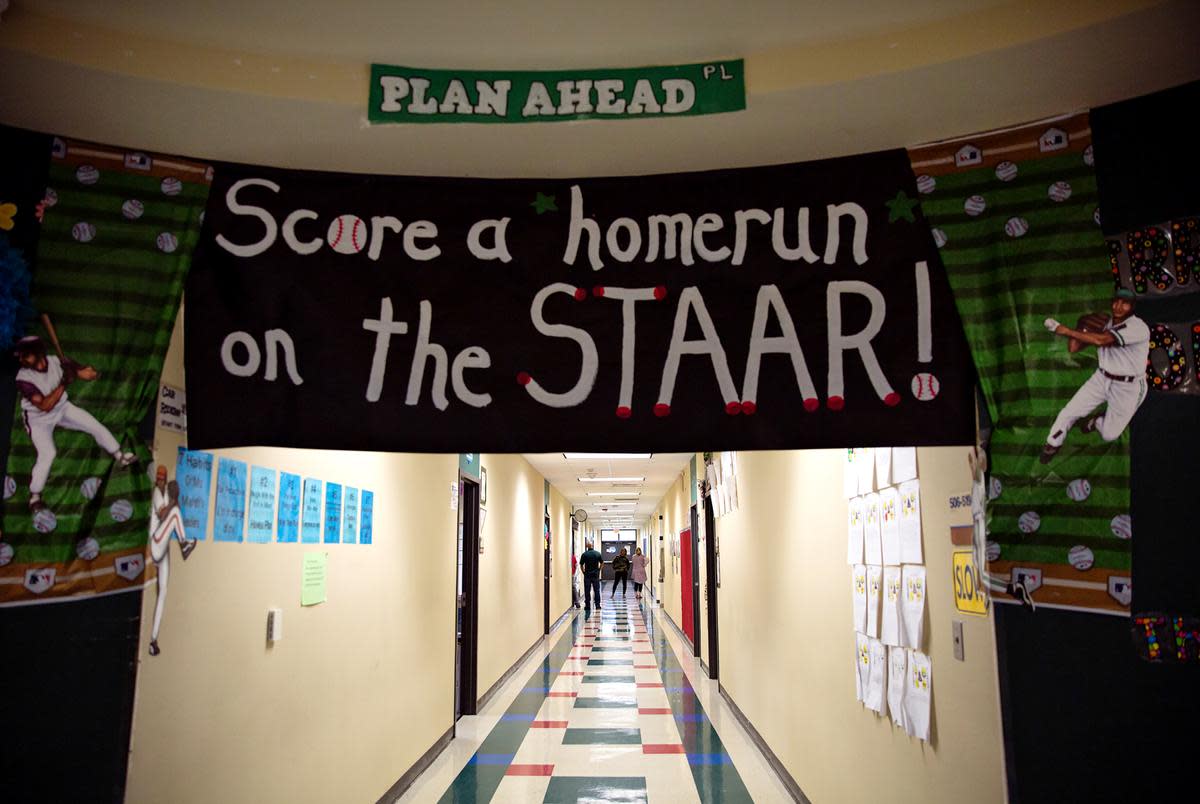 STAAR themed decorations adorn the hallways of Wharton Elementary School in Wharton on April 21, 2018.