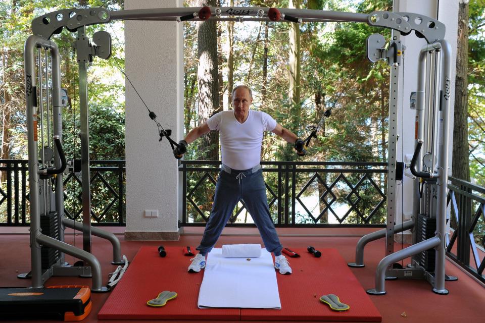 Putin does some gym work at the Bocharov Ruchei state residence in Sochi on Aug. 30, 2015.